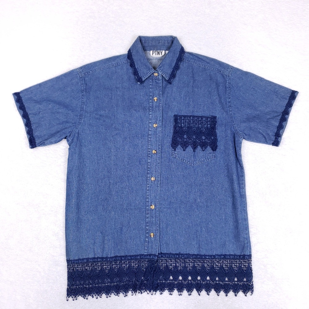 PTNY Vintage Denim Shirt Womens‎ S Short Sleeve Lace Trim Boho Cottagecore Blue
